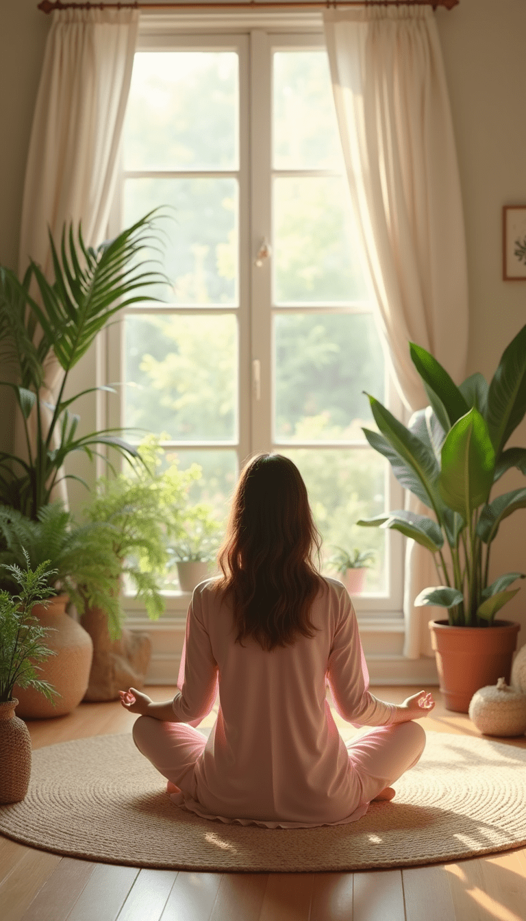A peaceful morning scene with a person practicing meditation on a cozy sofa, soft natural light filtering through large windows, surrounded by plants and a journal, in warm, calming colors conveying tranquility and balance.