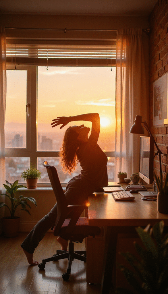 A vibrant image featuring a neat workspace with a sunrise in the background, a cup of coffee, planner, and a person stretching, exuding freshness and focus, in bright warm colors with a motivational mood