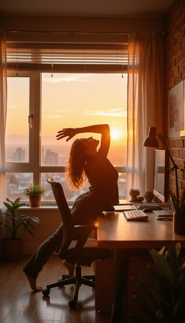 A vibrant image featuring a neat workspace with a sunrise in the background, a cup of coffee, planner, and a person stretching, exuding freshness and focus, in bright warm colors with a motivational mood