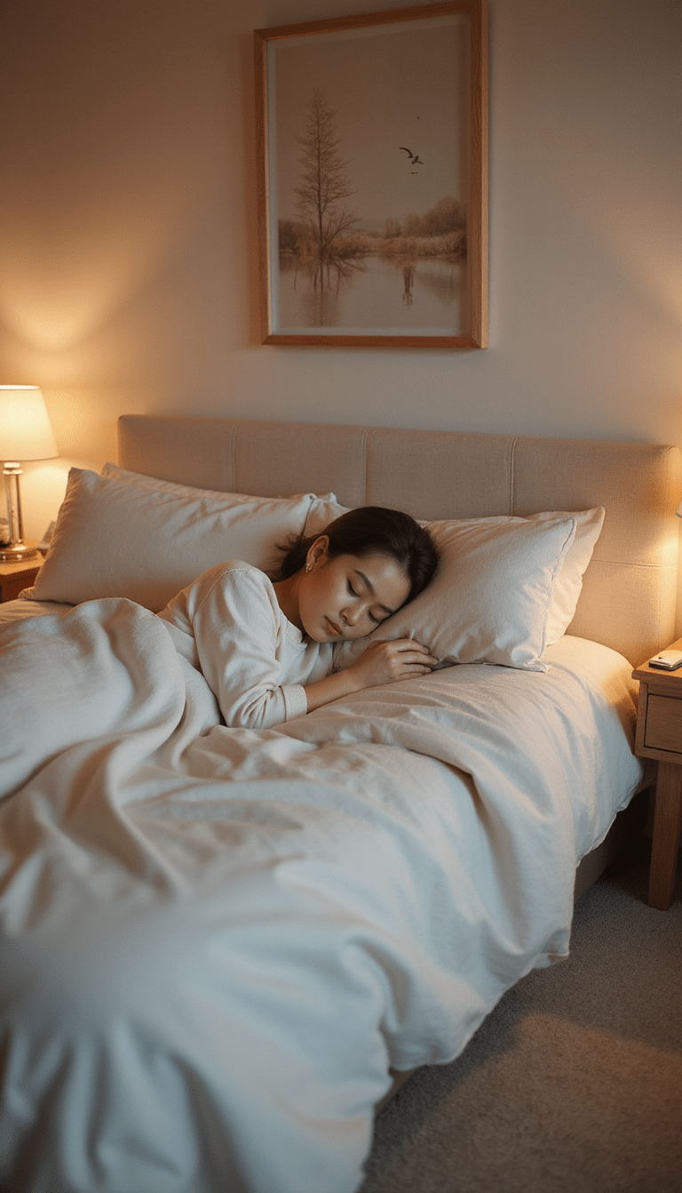A serene bedroom scene with soft pastel colors, cozy bedding, a dimly lit lamp, and a person peacefully sleeping, exuding calmness and relaxation.