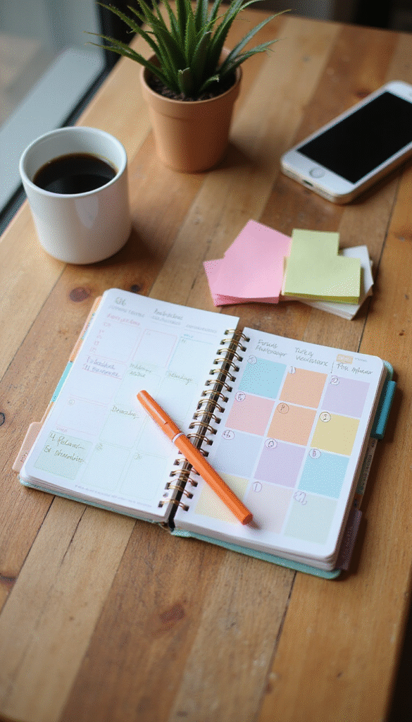 A colorful flat lay of a well-organized planner open on a desk surrounded by pens, sticky notes, a cup of coffee, and a smartphone, with soft natural lighting creating a warm and inviting mood