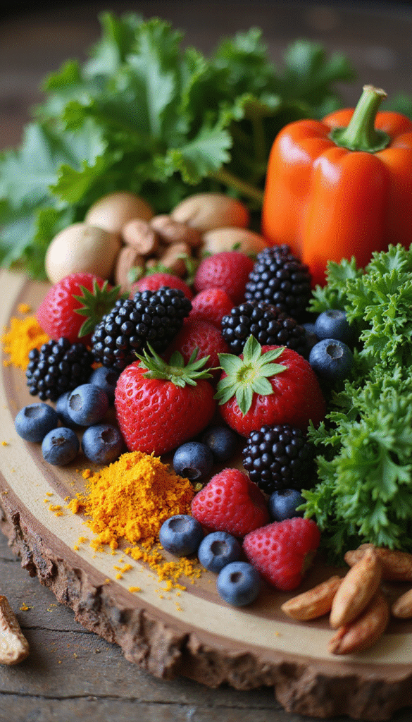 A colorful and vibrant image featuring a variety of fresh anti-inflammatory foods like berries, leafy greens, nuts, and turmeric arranged on a rustic wooden table with natural lighting, conveying freshness and health in a modern style.