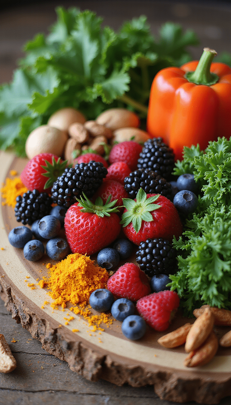 A colorful and vibrant image featuring a variety of fresh anti-inflammatory foods like berries, leafy greens, nuts, and turmeric arranged on a rustic wooden table with natural lighting, conveying freshness and health in a modern style.