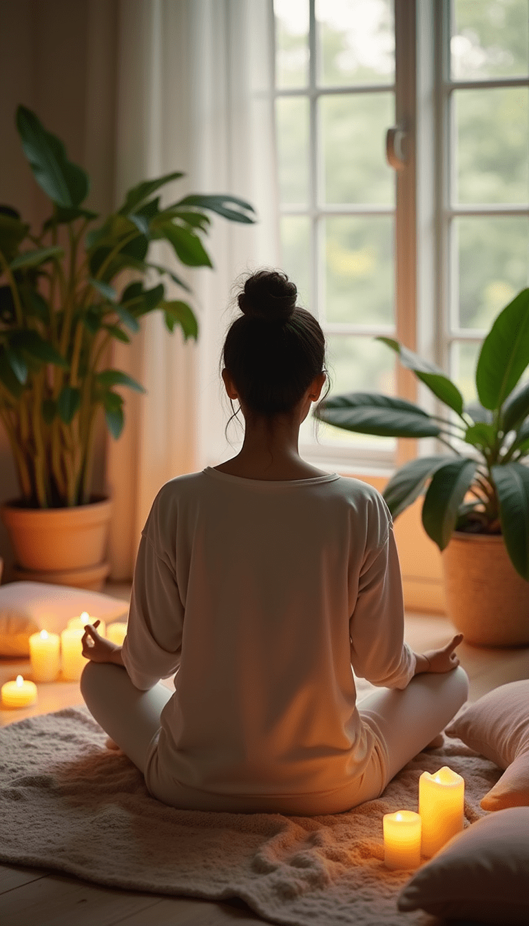 A serene scene of a person sitting cross-legged on a soft cushion, eyes closed with a gentle smile, surrounded by calming candles and lush green plants, soft natural lighting enhances a peaceful mood, styled in cozy, neutral tones