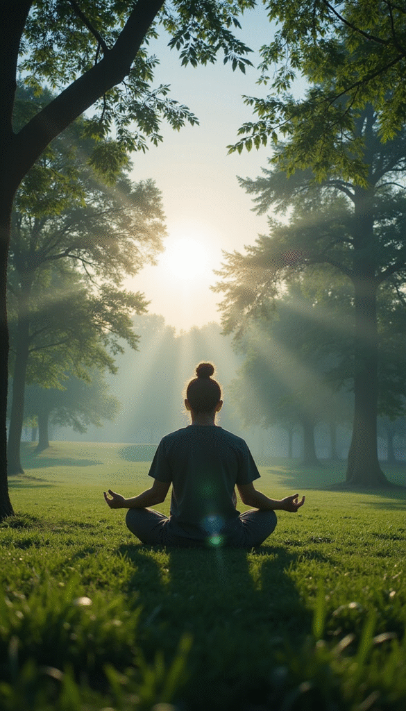 A serene scene featuring a person meditating in a peaceful green park with soft natural lighting, calming blue and green tones, and a relaxed expression, styled in comfortable casual wear, evoking tranquility and mindfulness.