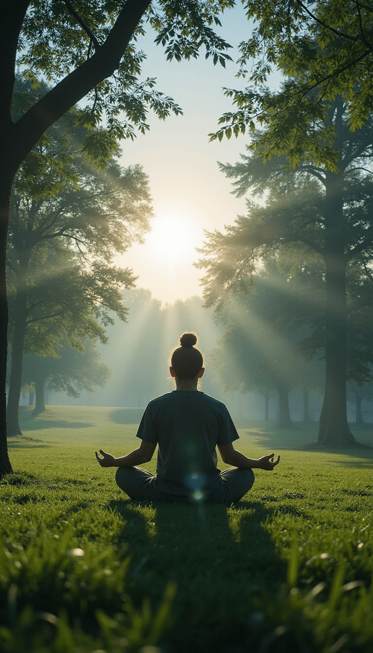 A serene scene featuring a person meditating in a peaceful green park with soft natural lighting, calming blue and green tones, and a relaxed expression, styled in comfortable casual wear, evoking tranquility and mindfulness.