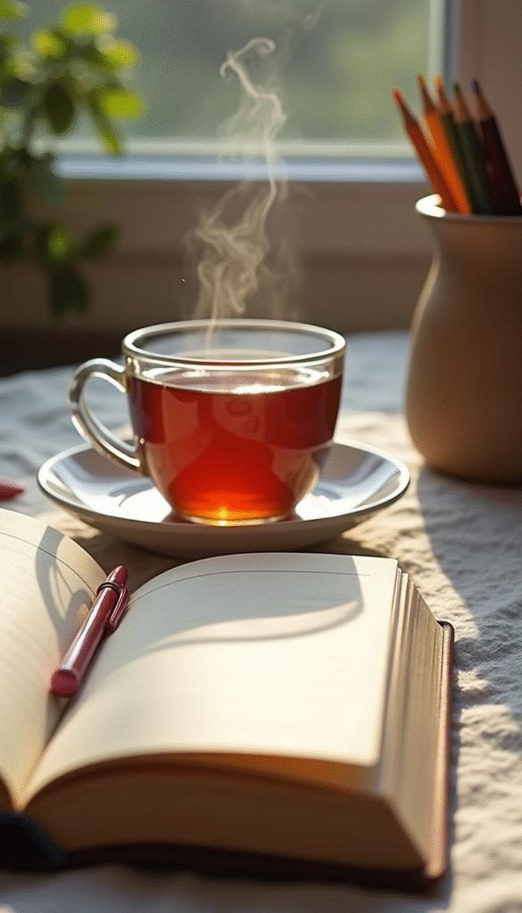 A serene workspace with an open journal, colorful pens, and a steaming cup of tea on a wooden desk with soft natural light, creating a calm and focused mood.