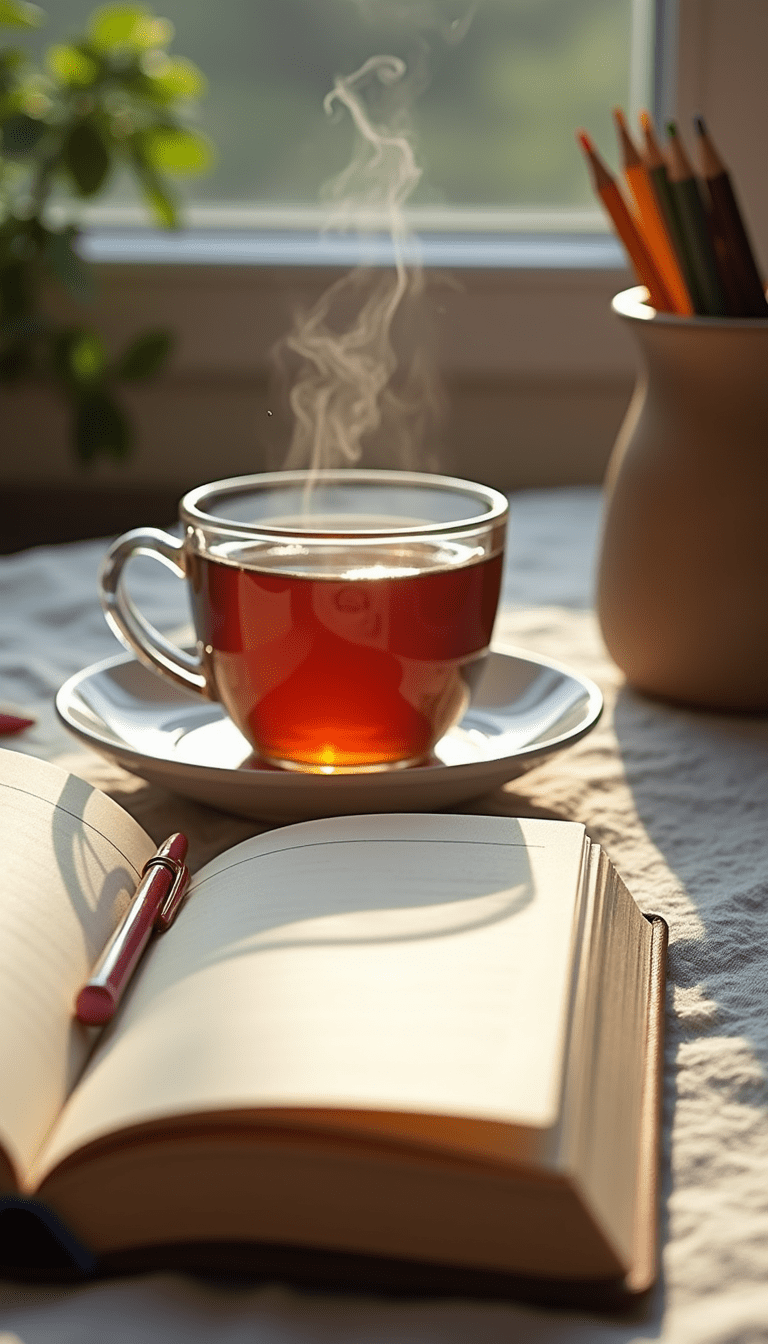 A serene workspace with an open journal, colorful pens, and a steaming cup of tea on a wooden desk with soft natural light, creating a calm and focused mood.