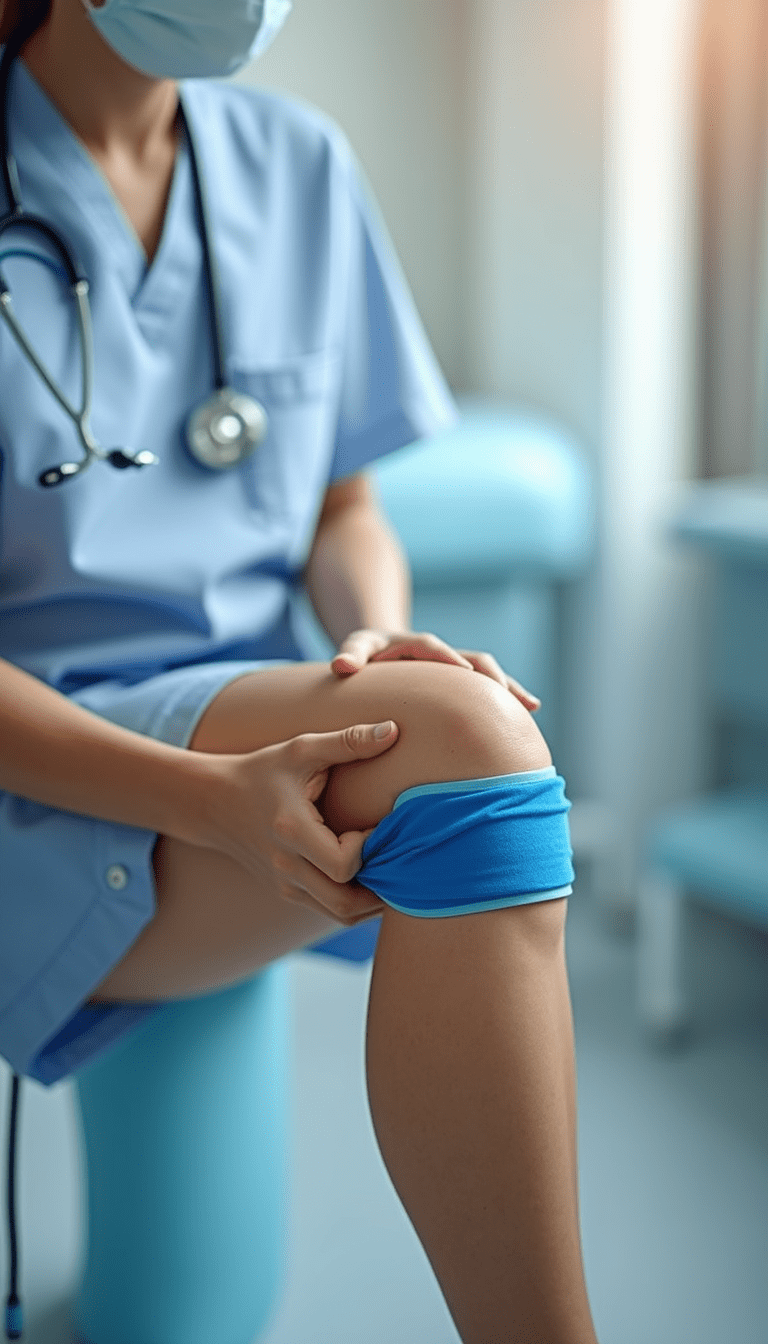 A soothing image of a person using a cold pack on their knee, with calming blue and white tones, focusing on the application for comfort, in a bright clean setting, conveying safety and relief mood.