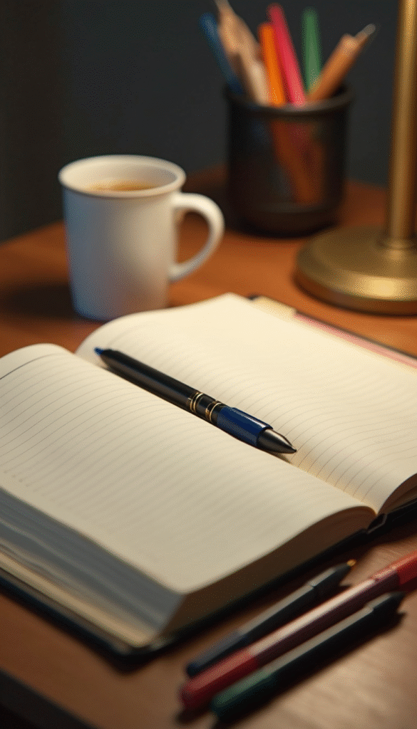A cozy workspace with an open journal, a pen, and calming pastel-colored stationery on a wooden desk, illuminated by soft natural light, conveying a peaceful mood for emotional reflection.