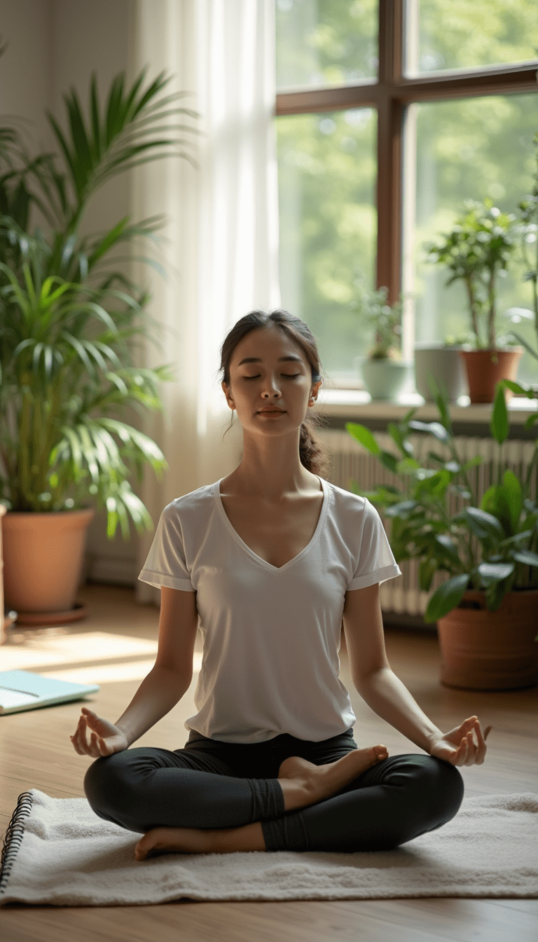 A calm workspace with a person taking a seated break, soft natural light, greenery in the background, minimalist style, peaceful and focused mood
