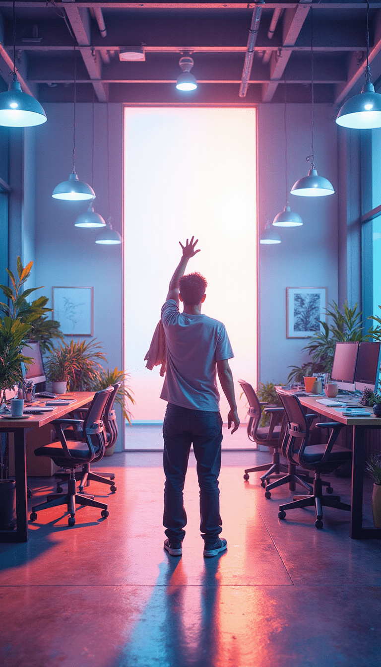 A vibrant and inspiring scene with a person confidently reaching towards a bright light in a modern, colorful workspace, evoking motivation and positive growth, with a focus on energetic blues, greens, and yellows, in a clean and minimal style.