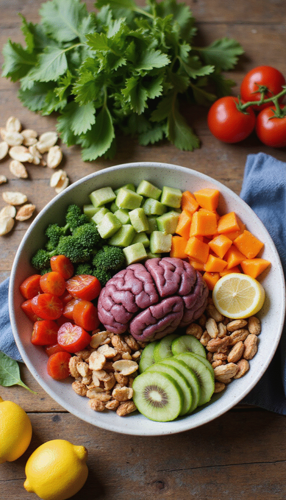 A vibrant colorful image featuring a healthy meal with fresh vegetables, fruits, and nuts arranged on a wooden table, with a brain illustration overlay, soft natural lighting, modern flat lay style, conveying health, vitality, and mental clarity.