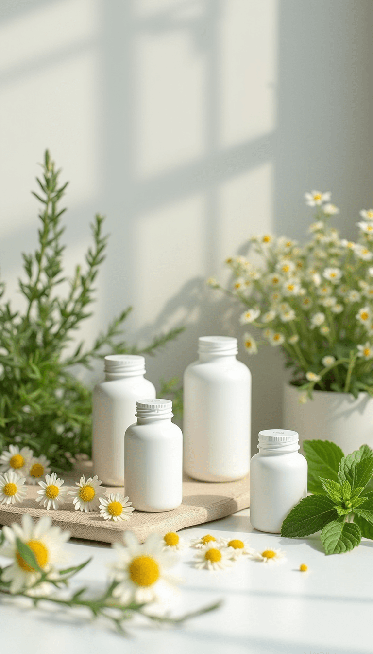 Vibrant image of an array of herbal supplement bottles and fresh herbs on a wooden table with soft natural lighting, exuding a calming and health-focused mood