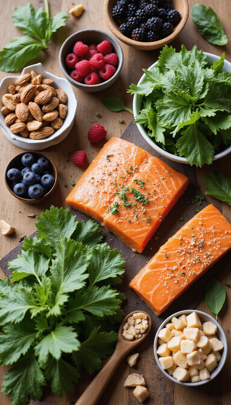A vibrant and colorful flat lay of healthy foods including leafy greens, berries, nuts, and fish arranged on a wooden table, with soft natural lighting creating a fresh and nurturing mood, highlighting a balanced diet for hormonal health.