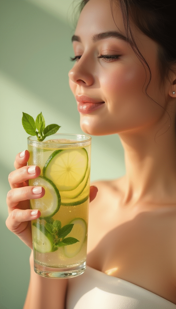 A vibrant close-up of a woman with clear glowing skin, holding a glass of infused water with slices of lemon and cucumber, with a soft pastel background, natural light highlighting her radiant complexion.