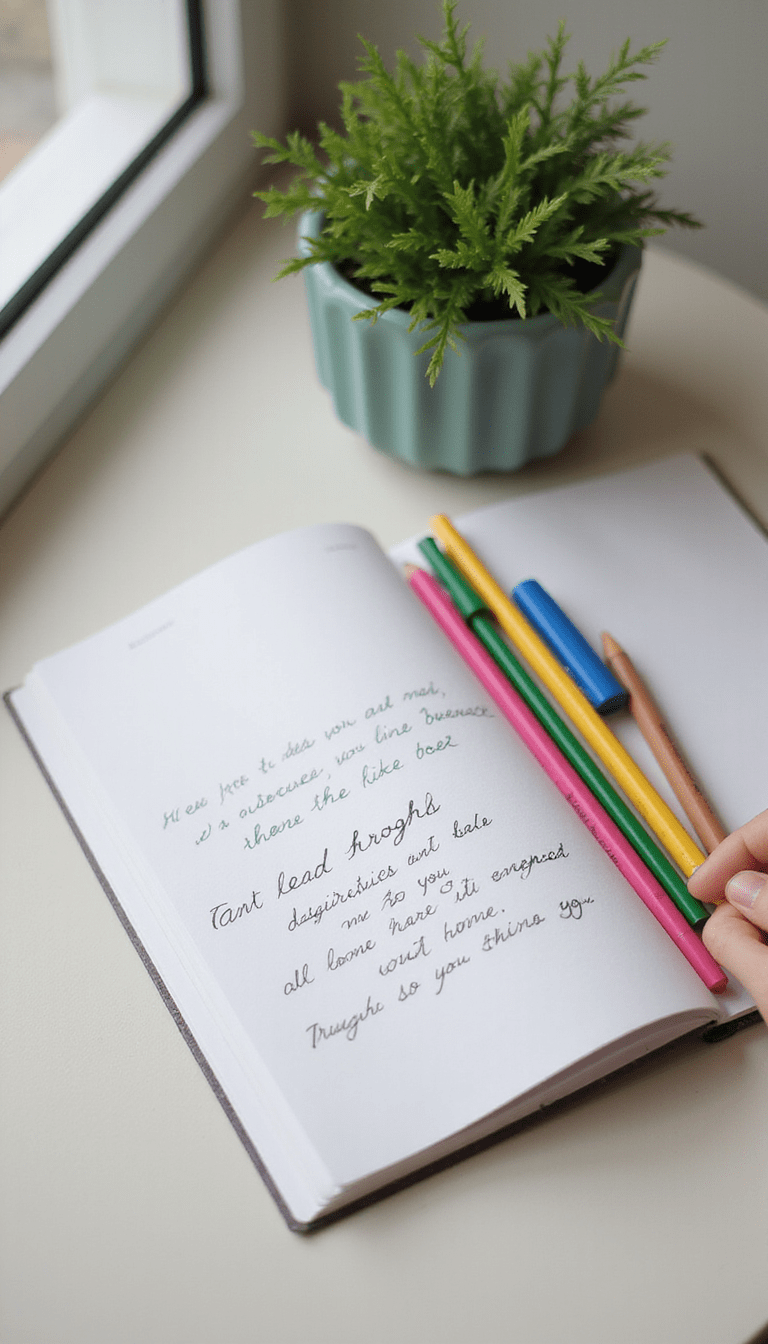 A serene desk scene featuring an open journal with handwritten notes, surrounded by colorful pens and a calming plant, with soft natural light illuminating the space, creating a peaceful and reflective mood.