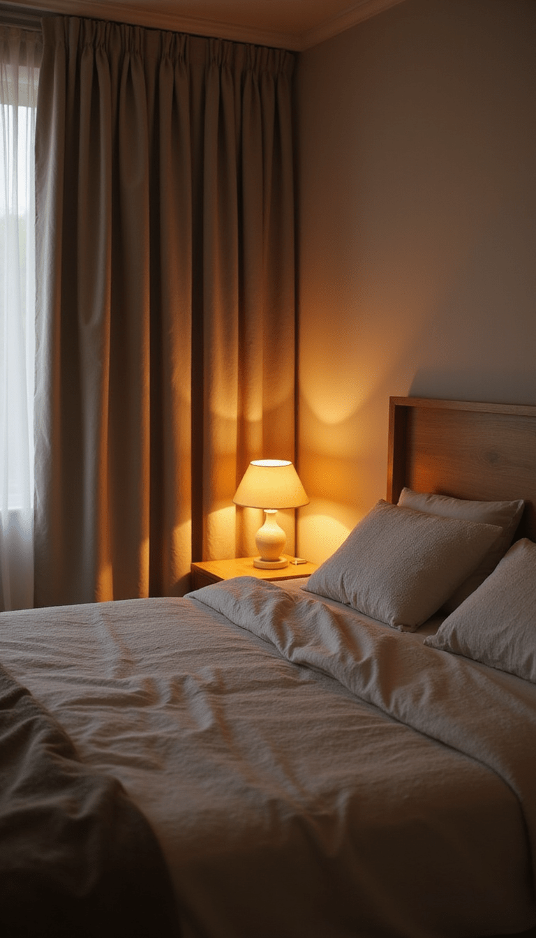 A soothing bedroom scene illuminated by warm, dimmable lights with a calming blue hue, featuring a bedside lamp, blackout curtains, and cozy decor, exuding tranquility and focus on sleep relaxation