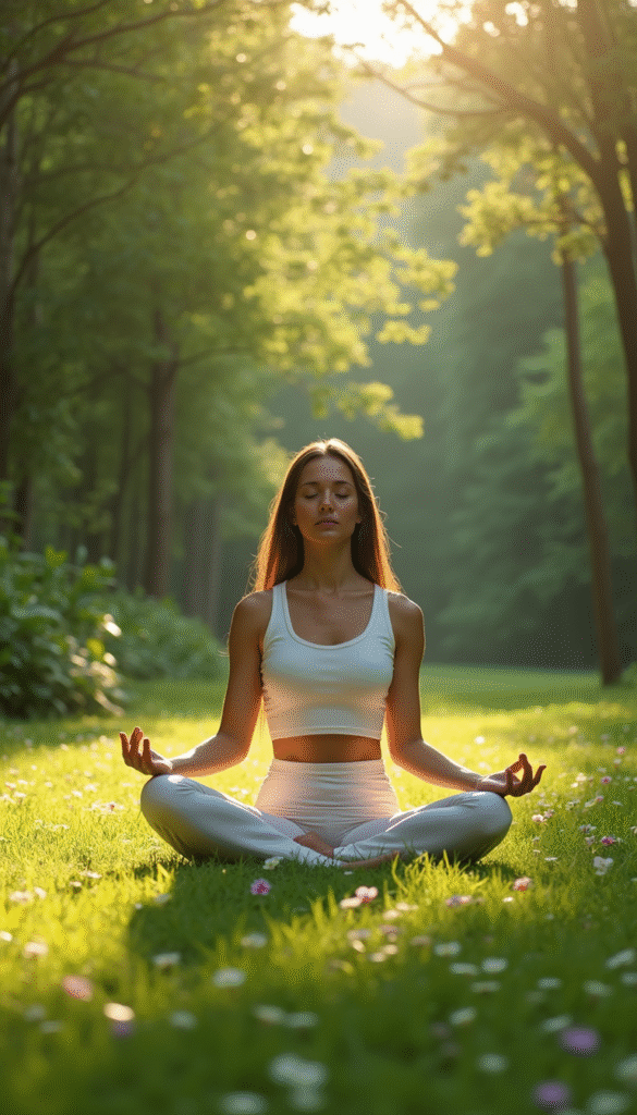 A calm and focused person meditating outdoors with lush green foliage in the background, soft sunlight, vibrant colors, a sense of tranquility and strength, illustrated in a modern, minimalistic style with a warm, inspiring mood