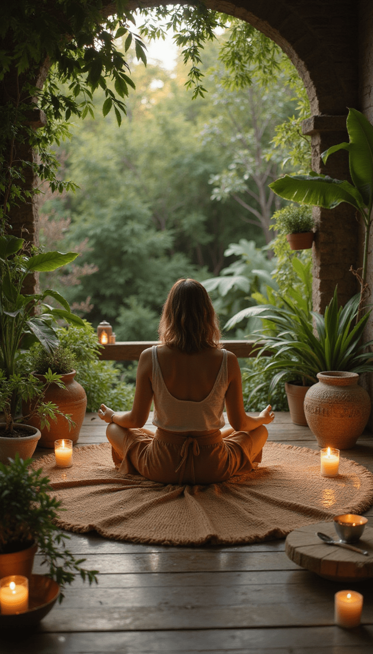 A calm and serene scene featuring a person sitting cross-legged on a yoga mat in soft natural light, surrounded by calming greenery and candles, emphasizing focus, tranquility, and mindfulness in warm earthy tones.