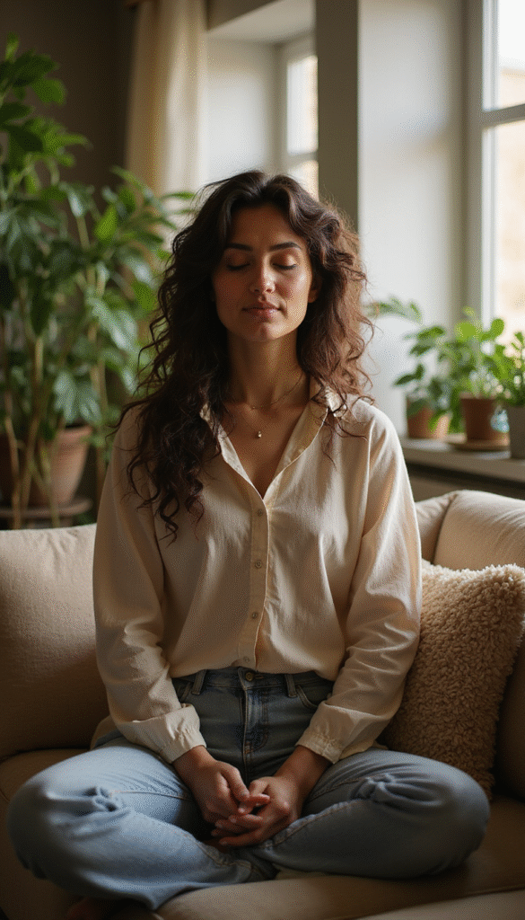 A calm person sitting cross-legged on a cozy sofa with soft natural light, surrounded by plants and calming decor, illustrating mindfulness and relaxation.
