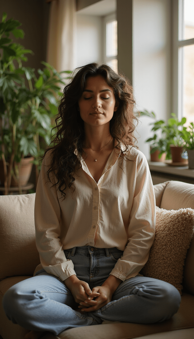 A calm person sitting cross-legged on a cozy sofa with soft natural light, surrounded by plants and calming decor, illustrating mindfulness and relaxation.