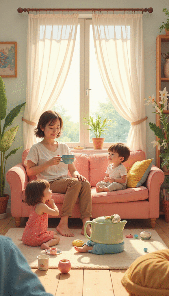 A serene scene of a mother relaxing with a cup of tea while children play nearby, soft pastel colors, cozy home setting, warm natural light, creating a peaceful and balanced atmosphere.