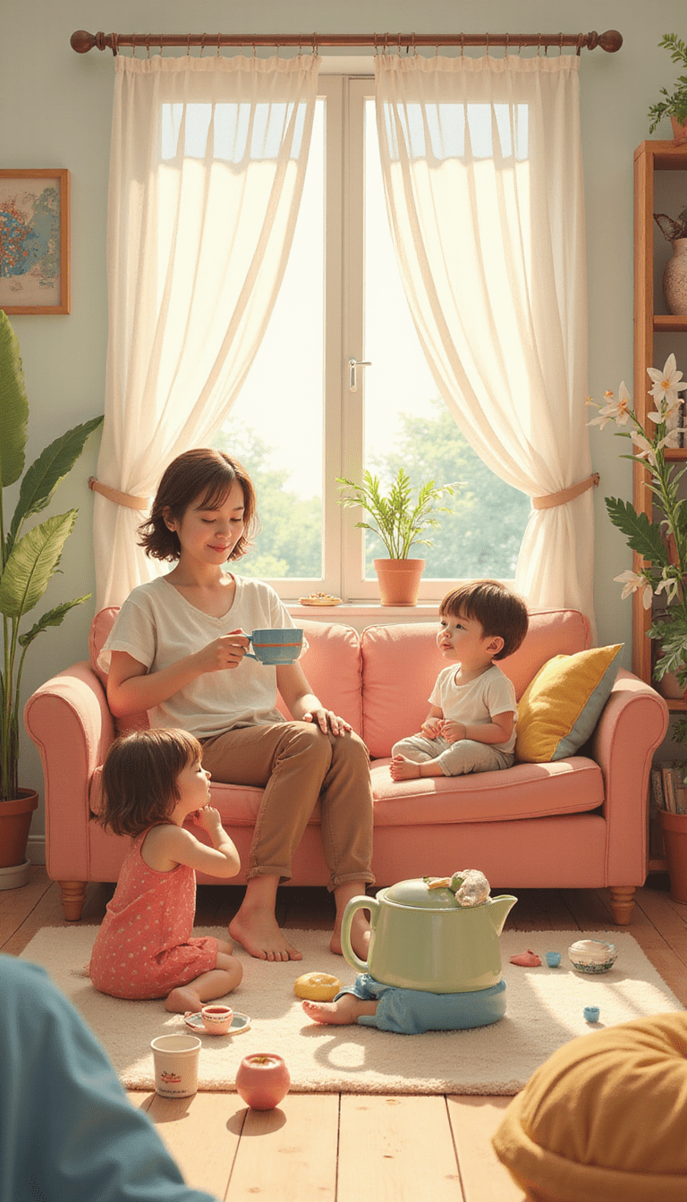 A serene scene of a mother relaxing with a cup of tea while children play nearby, soft pastel colors, cozy home setting, warm natural light, creating a peaceful and balanced atmosphere.