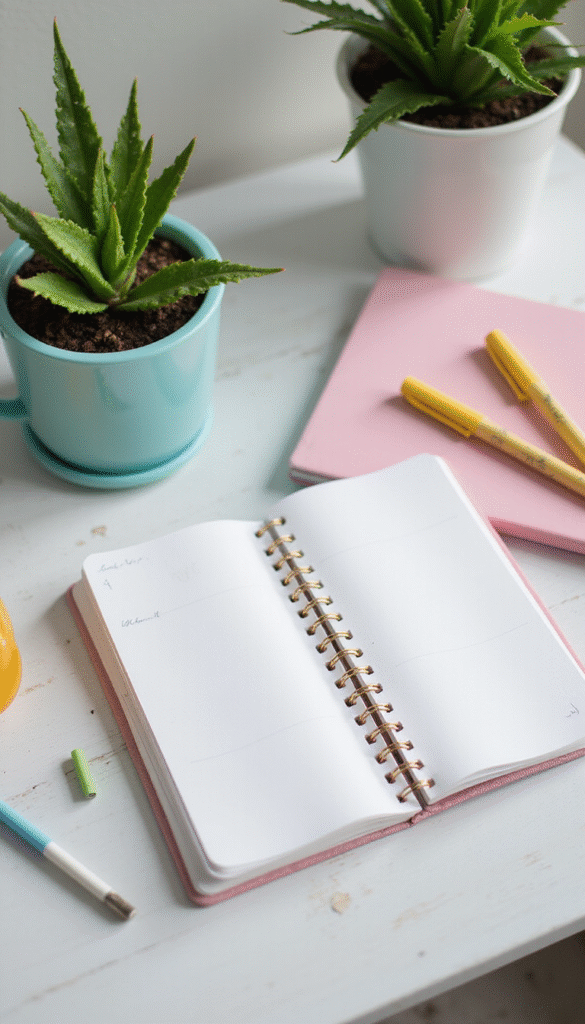 A vibrant, inviting workspace with an open journal, colorful pens, and scenic background light, radiating calm, motivation, and positivity.