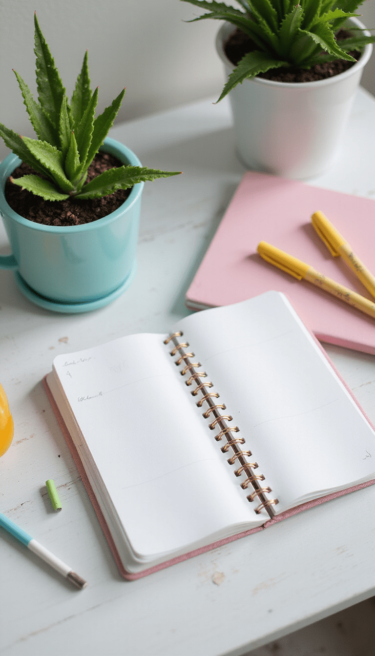A vibrant, inviting workspace with an open journal, colorful pens, and scenic background light, radiating calm, motivation, and positivity.