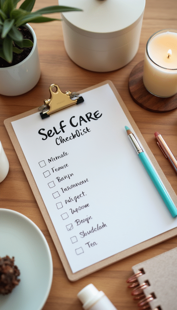 A vibrant flat lay of a colorful self-care checklist on a wooden surface surrounded by calming candles, herbal teas, skincare products, and a journal, styled in soft pastel tones creating a relaxed and inviting mood.