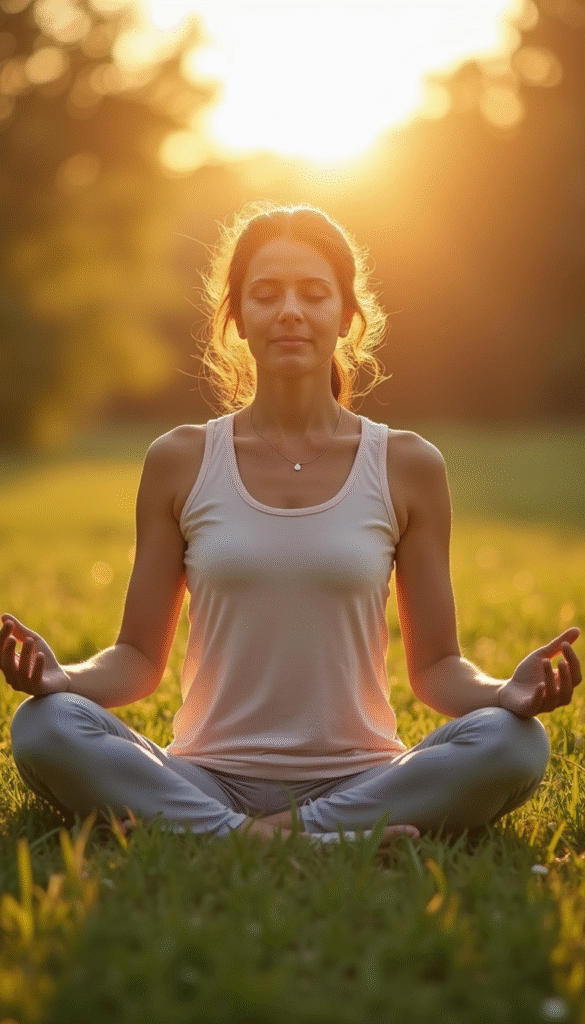 A calming and inviting scene of a person meditating outdoors at sunrise, surrounded by soft pastel colors, lush greenery, and gentle sunlight, conveying serenity and self-love.