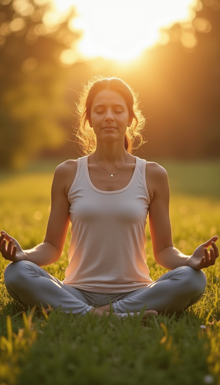 A calming and inviting scene of a person meditating outdoors at sunrise, surrounded by soft pastel colors, lush greenery, and gentle sunlight, conveying serenity and self-love.