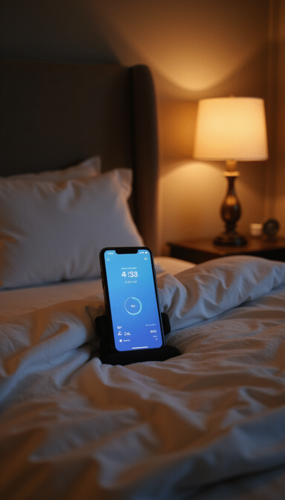 A modern, sleek sleep tracker device glowing softly on a bedside table with a cozy bedroom background, warm ambient lighting, and a smartphone displaying sleep data, styled in a minimalist aesthetic with calming tones.