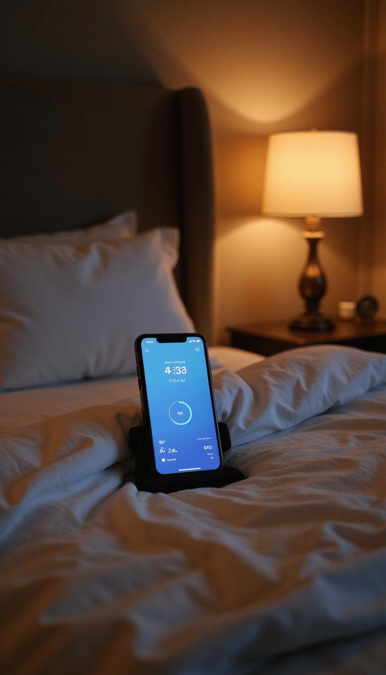 A modern, sleek sleep tracker device glowing softly on a bedside table with a cozy bedroom background, warm ambient lighting, and a smartphone displaying sleep data, styled in a minimalist aesthetic with calming tones.