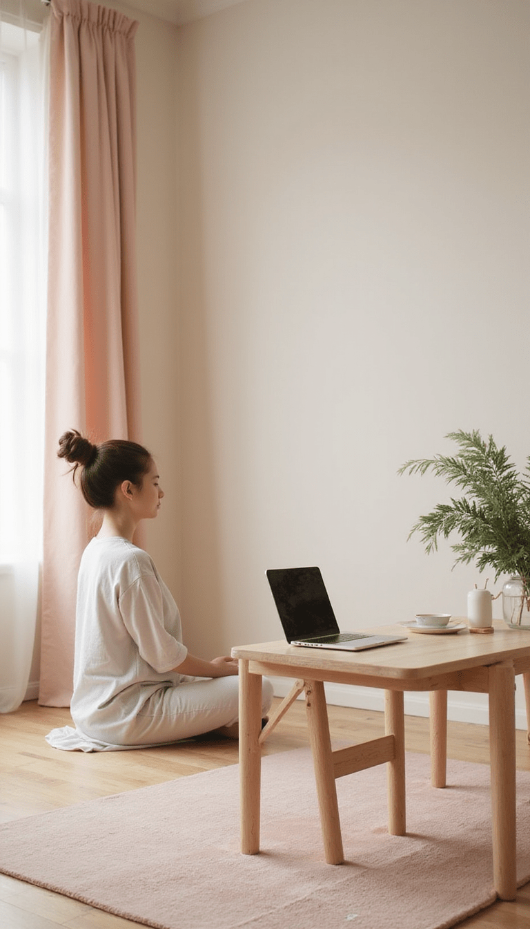A vibrant split-screen image showing a person meditating with a serene expression on one side and someone working at a desk on the other, with soft natural lighting, calming pastel colors, and a cozy background.