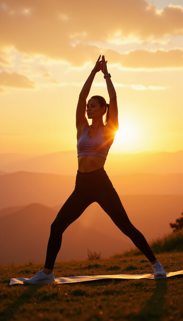 Brightly colored sneakers stepping onto a wooden floor, with a blurred background of a person stretching outdoors, capturing a vibrant and energizing mood, emphasizing movement and health.