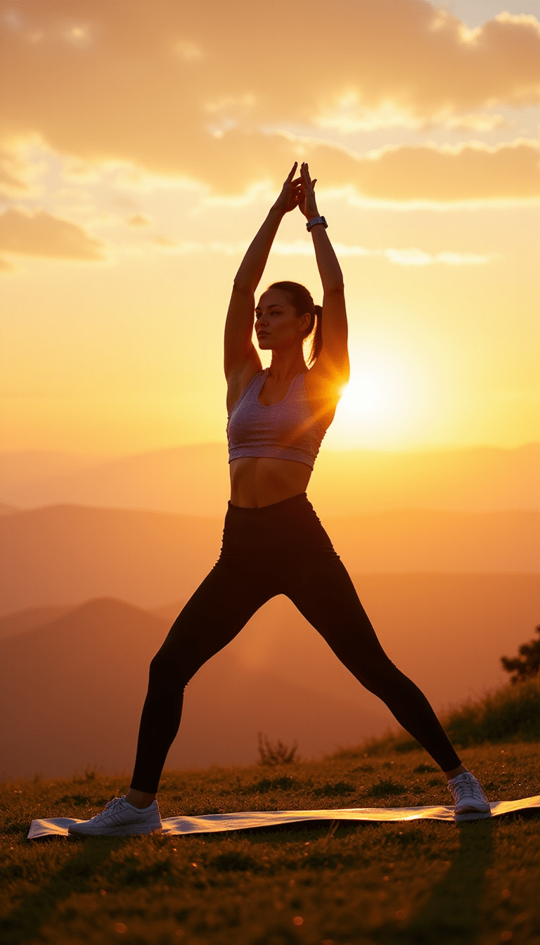 Brightly colored sneakers stepping onto a wooden floor, with a blurred background of a person stretching outdoors, capturing a vibrant and energizing mood, emphasizing movement and health.