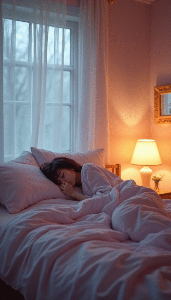 A calming bedroom scene with soft blue and lavender tones, a neatly made bed with plush pillows, warm ambient lighting, and a person sipping herbal tea on the bedside table, conveying tranquility and relaxation.