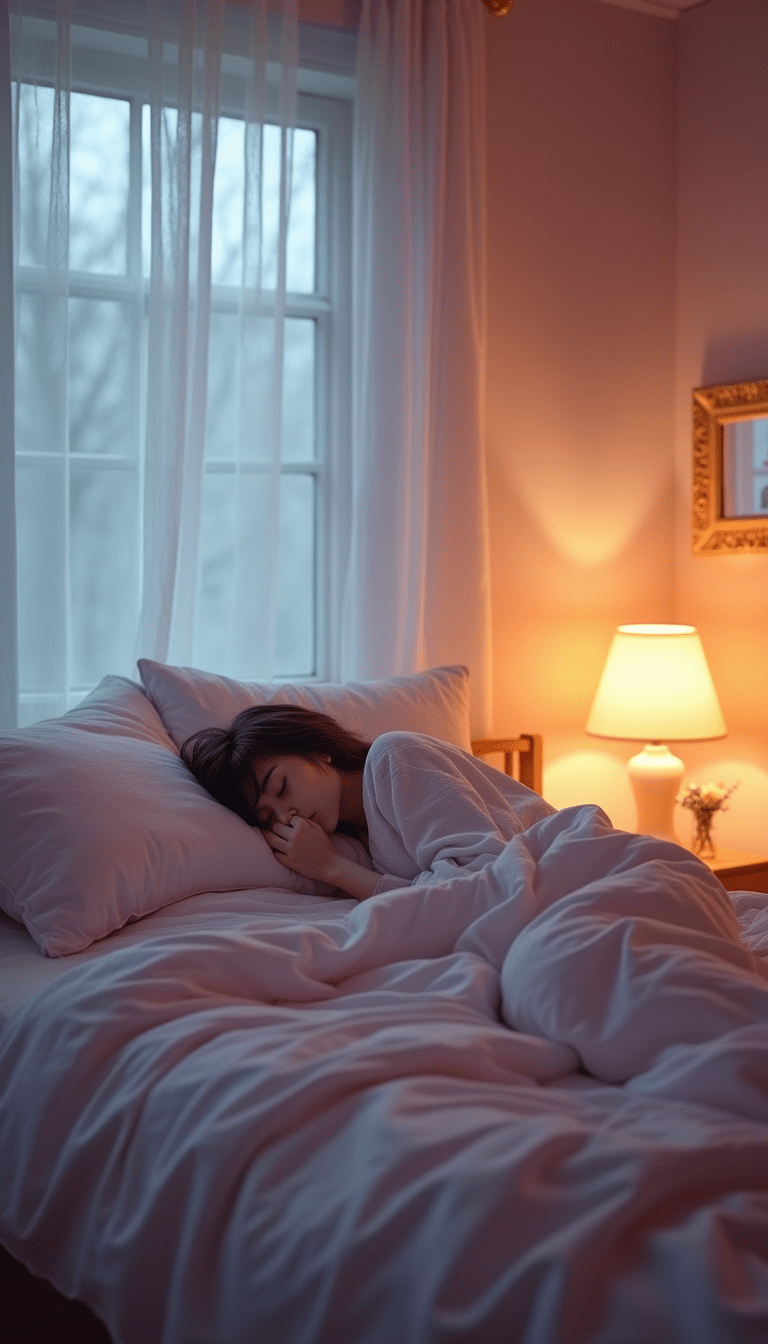 A calming bedroom scene with soft blue and lavender tones, a neatly made bed with plush pillows, warm ambient lighting, and a person sipping herbal tea on the bedside table, conveying tranquility and relaxation.