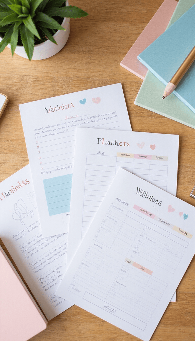 A flat lay of colorful printable wellness sheets and planners arranged on a wooden desk, with calming pastel tones, stationery, and a potted plant, exuding a peaceful and organized vibe.