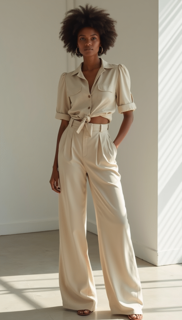 A stylish woman wearing high-waisted wide-leg trousers in a neutral tone, standing confidently in a modern office setting with soft natural lighting, showcasing the flowy fabric and elegant silhouette.