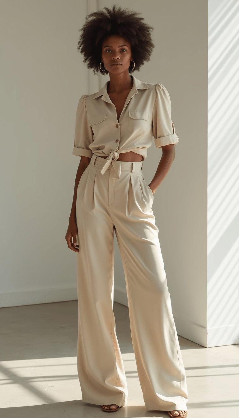 A stylish woman wearing high-waisted wide-leg trousers in a neutral tone, standing confidently in a modern office setting with soft natural lighting, showcasing the flowy fabric and elegant silhouette.