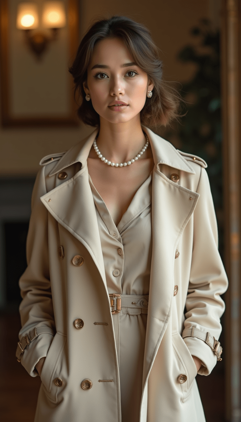 A sophisticated woman dressed in a classic beige trench coat and pearl jewelry standing in a vintage-inspired elegant setting with muted tones, showcasing timeless fashion, in a chic and polished style