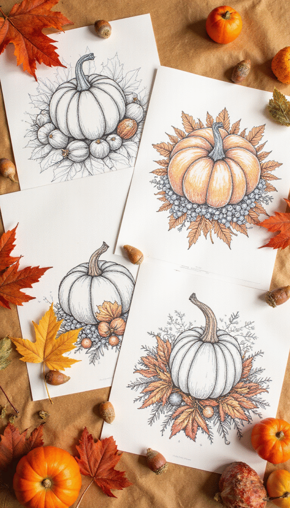 A vibrant collection of printable fall coloring pages featuring pumpkins, leaves, acorns, and cozy autumn scenes, illustrated in bright fall colors with inviting and playful style, on a rustic wooden table that enhances warm cozy mood.