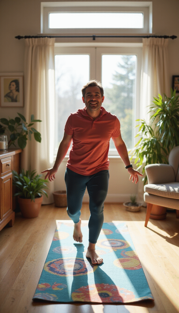 A vibrant and energetic scene featuring a middle-aged parent in workout attire doing a quick home exercise, with bright natural light, colorful yoga mat, and cozy home background, conveying active lifestyle and busy schedule.