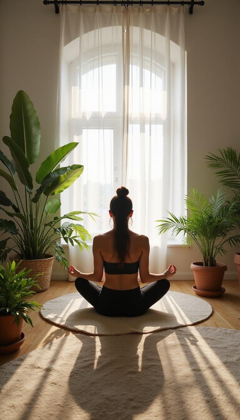 A serene scene featuring a person sitting cross-legged in a peaceful indoor setting, surrounded by calming neutral tones, plants, and candles, emanating tranquility and focus.