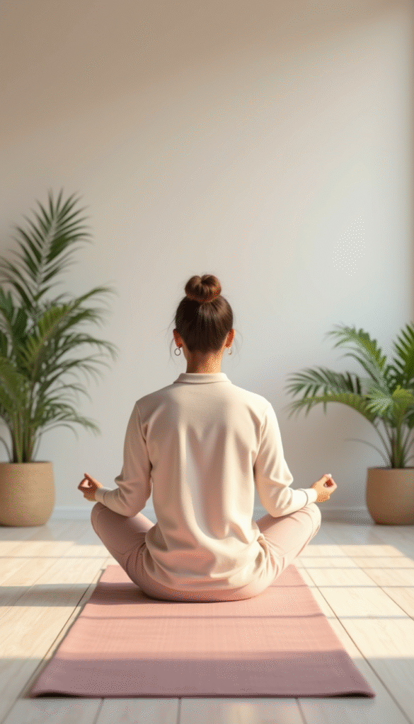 A serene scene of a person sitting cross-legged on a soft, pastel-colored yoga mat in a calming room, with gentle natural light and tranquil decor, emphasizing relaxation and mindfulness