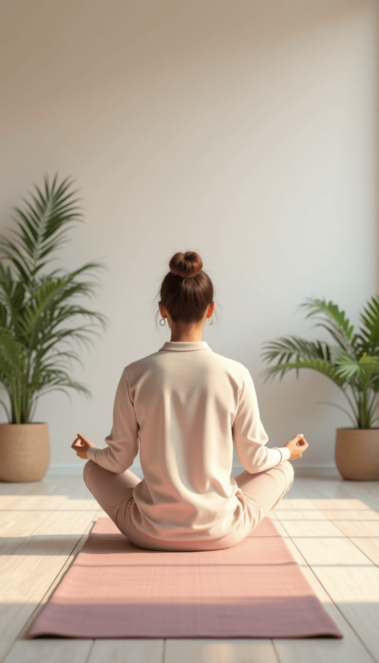 A serene scene of a person sitting cross-legged on a soft, pastel-colored yoga mat in a calming room, with gentle natural light and tranquil decor, emphasizing relaxation and mindfulness