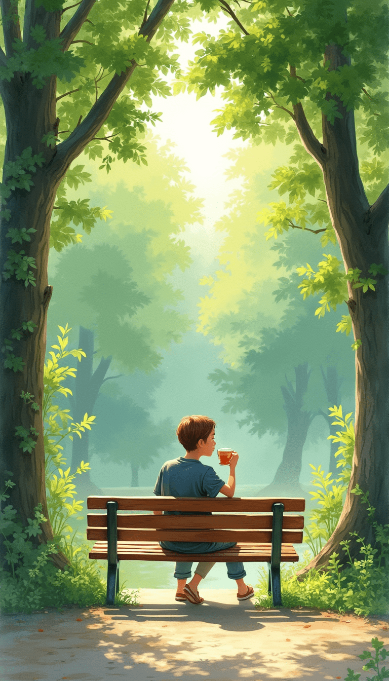 Bright and inviting image featuring a person sitting peacefully in a lush park, sipping tea and reading a book, with soft natural lighting and vibrant green foliage creating a calming mood.